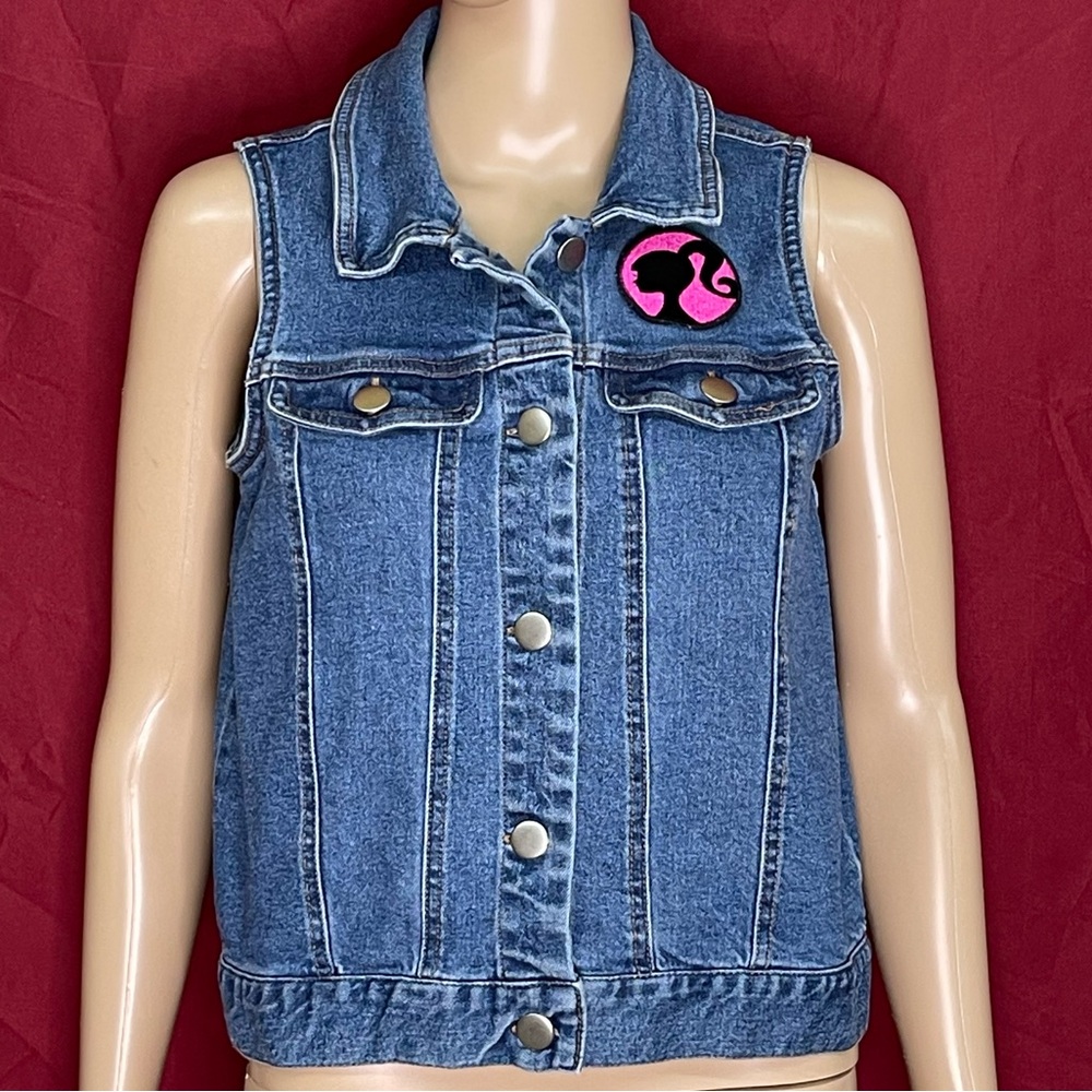 Barbie Medium Wash Denim Vest Embroidered Logo Back Graphic Size XL (14/16)
